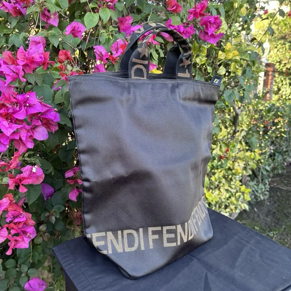 FENDI Nylon Bucket Tote Bag Handbag Star Logo Brown